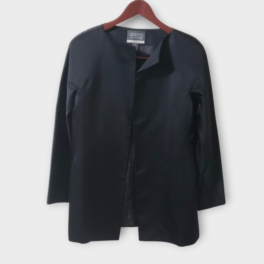 VTG Lafayette 148 Satin Silk Blend Collarless‎ Blazer Jacket Black Sz 10P NWT